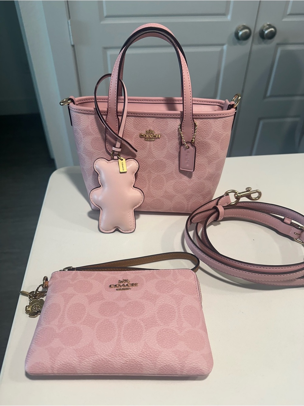 Coach Powder Pink Mini City Tote with wristlet and bear charm